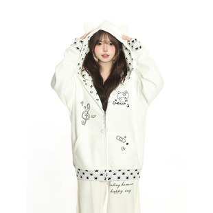 小杭还没吃饱原创甜美撞色猫咪刺绣外套女宽松连帽情侣开衫 卫衣潮