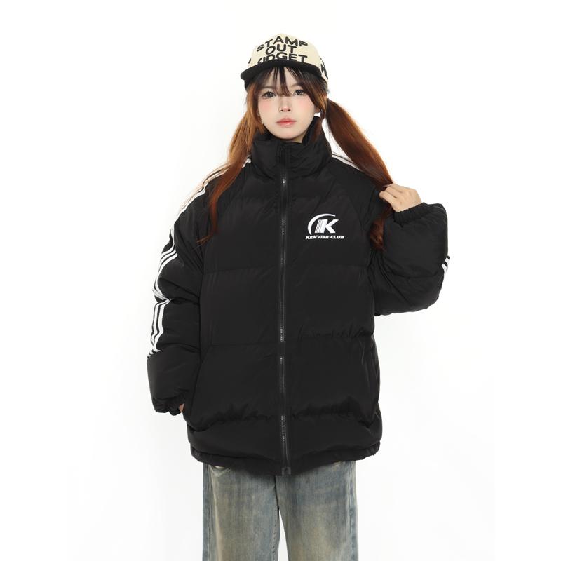 原创三条杠字母刺绣宽松棉服男女