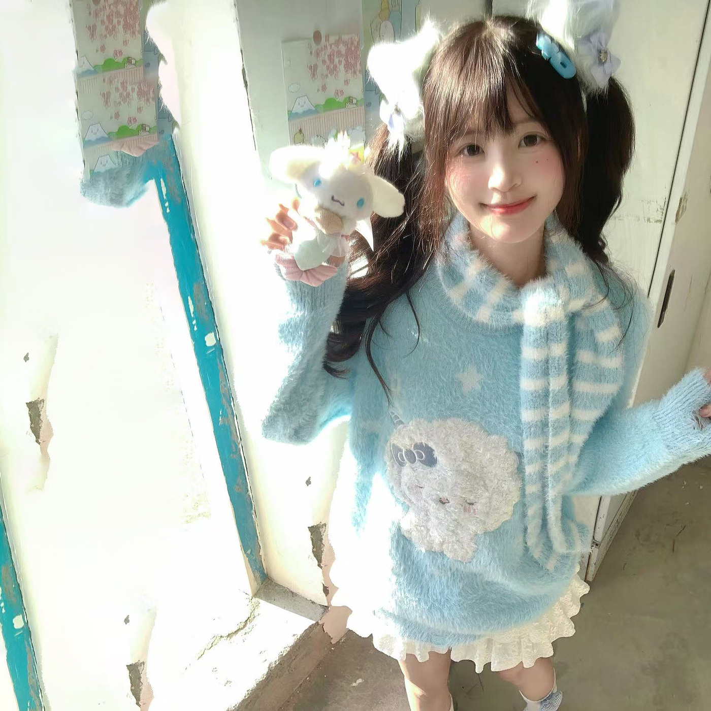 原创甜美可爱小羊提花围巾毛衣女