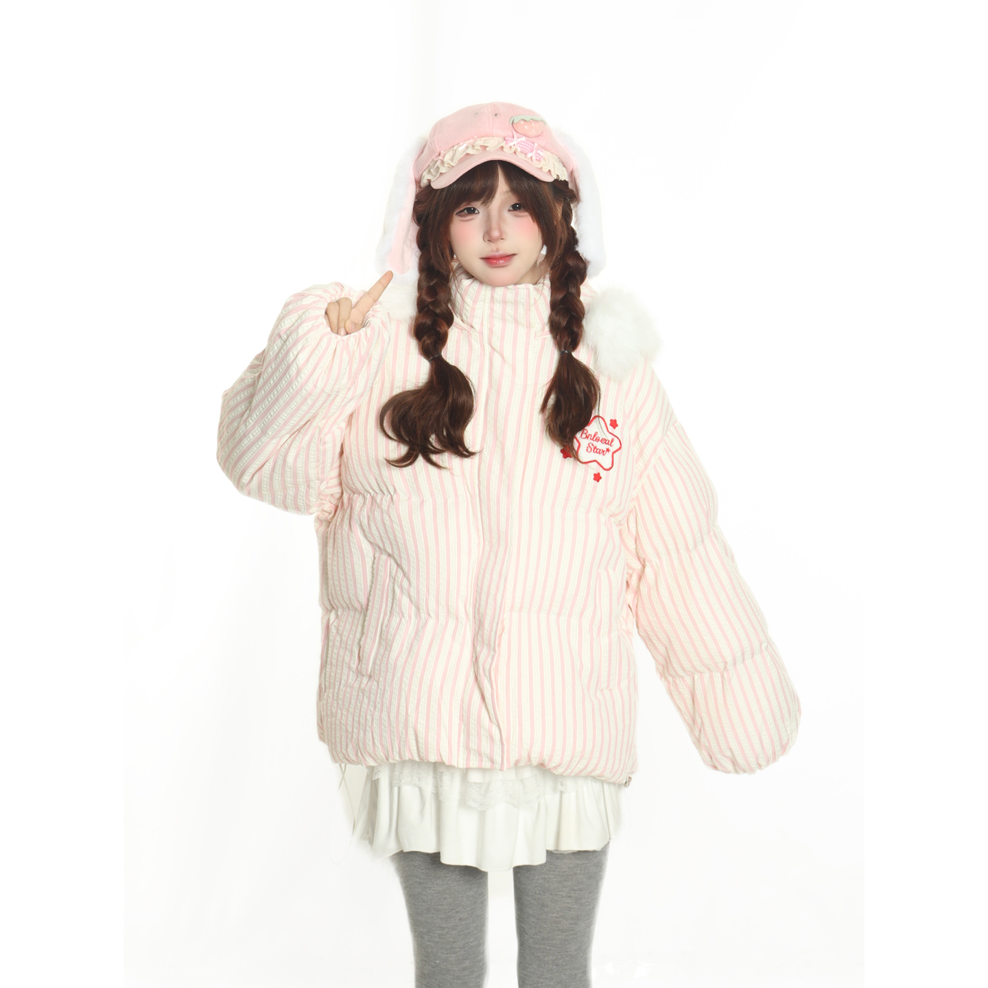 原创甜美兔耳毛领条纹保暖棉服女