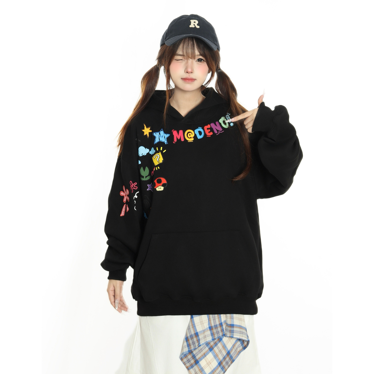 小杭还没吃饱原创美式国潮创意卡通涂鸦印花连帽卫衣男女宽松百搭