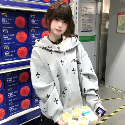 原创美式复古满印十字架外套男女