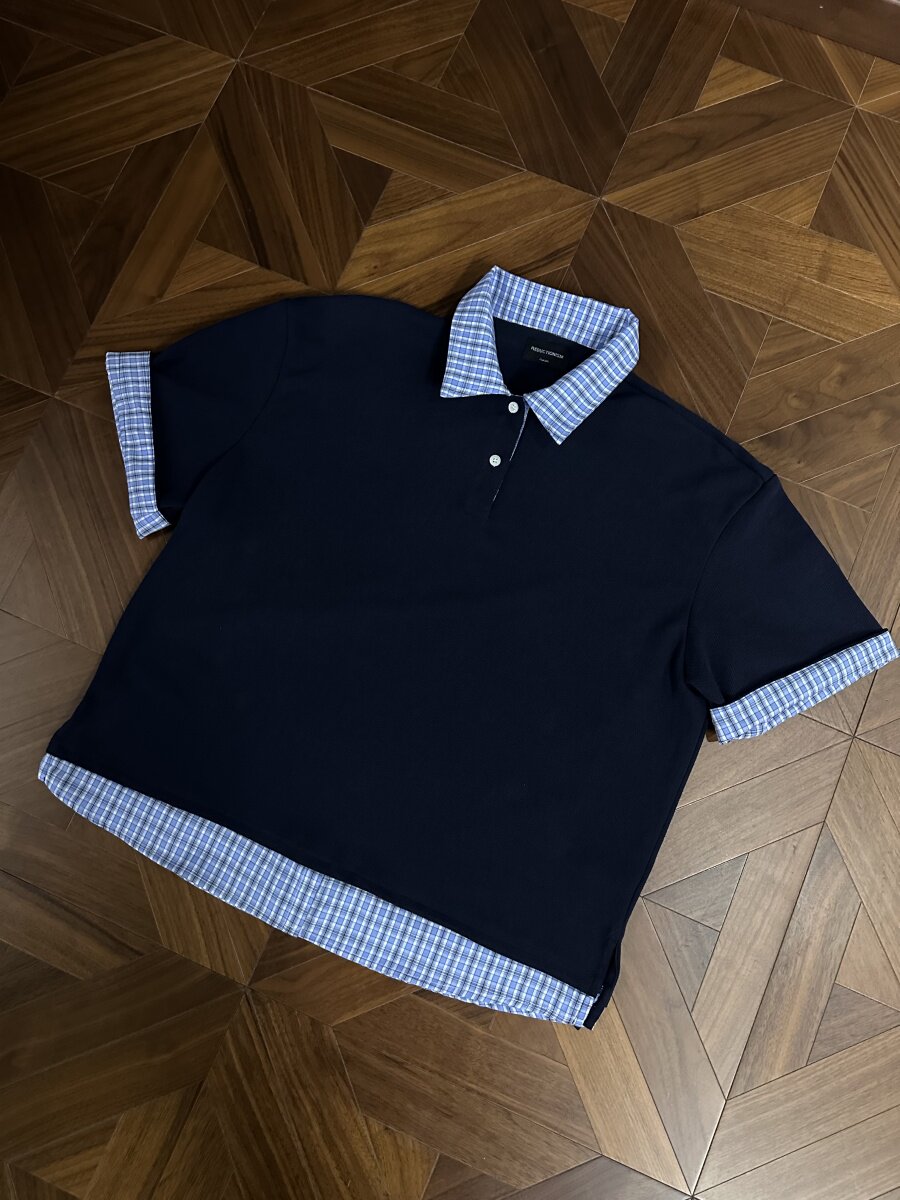 thumbnail for RTIMFD navy blue check fake two-piece polo neck short sleeve shirt cleanfit short wide summer premium T-shirt
