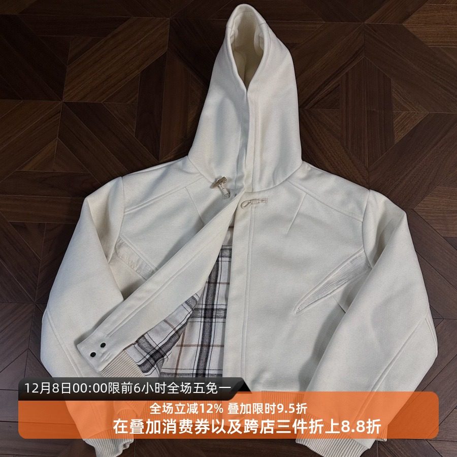 苏格兰拼羊毛混纺毛呢连帽外套