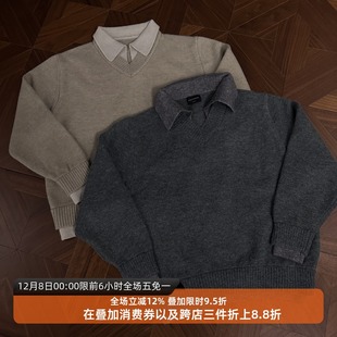 cleanfit高级针织衫 RTIMFD复古假两件v领翻领毛衣 上衣慵懒风外套