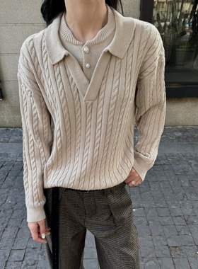 RTIMFD珍珠泡纽扣扭花polo假两件毛衣针织毛衣上衣男女老钱风V领
