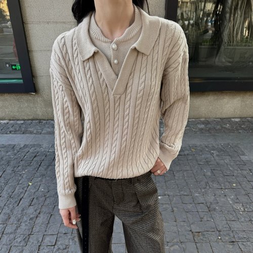 纽扣扭花polo假两件毛衣麻花针织