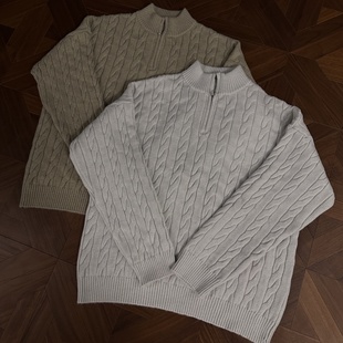 os老钱慵懒粗针立领针织衫 RTIMFD 复古浮雕绵毛马术麻花拉链毛衣