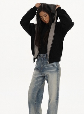 RTIMFD双面穿千鸟格拉链连帽卫衣外套Cleanfit短Boxy两穿夹克格子