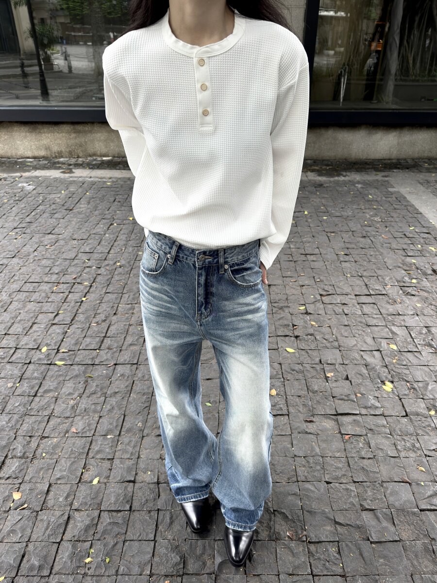 thumbnail for RTIMFD Aged Fruit Buckle Waffle Henry Collar Long Sleeve Cleanfit Fall Winter Basic Versatile Shoulder Long Sleeve