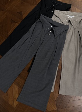 RTIMFD反折图腾刺绣收褶微喇高腰西装条纹剑道裤禅宗腰带休闲长裤