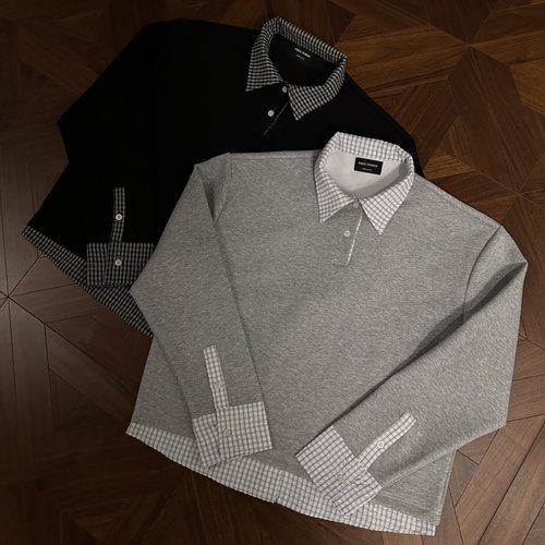 miu系假两件拼接格长袖polo翻领