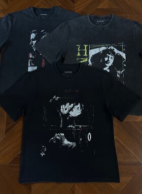 人像乐队水洗领口vintage旧短袖