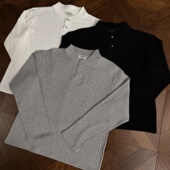 RTIMFD晶石纽扣亨利领基础老钱长袖 boxy版 型正肩合身打底卫衣秋冬