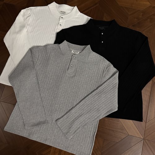 晶石纽扣亨利领基础老钱长袖