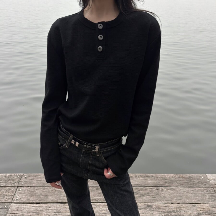 RTIMFD麦穗钻石华夫格亨利领打底长袖复古纯色长袖打底亲肤纹正肩