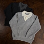 RTIMFD双色V领仿羊绒假两件毛衣miu混纺拼色可贴肤亲肤老钱针织衫