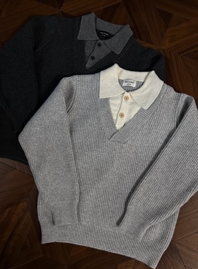 RTIMFD双色V领仿羊绒假两件毛衣miu混纺拼色可贴肤亲肤老钱针织衫