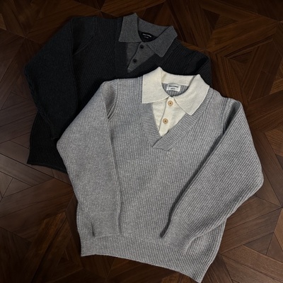 双色V领仿羊绒假两件毛衣miu