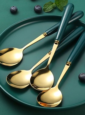 西瓜勺甜品勺咖啡勺不锈钢北欧创意网红餐具墨绿色长柄高级感勺子