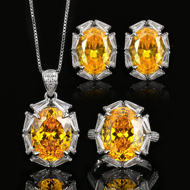 抖音直播热卖黄色鸽子蛋三件套戒指项链耳钉欧美时尚气质女性饰品