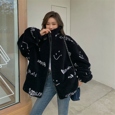羊羔毛外套女秋冬2025年新款韩版宽松笑脸皮毛一体羊羔绒外套加厚