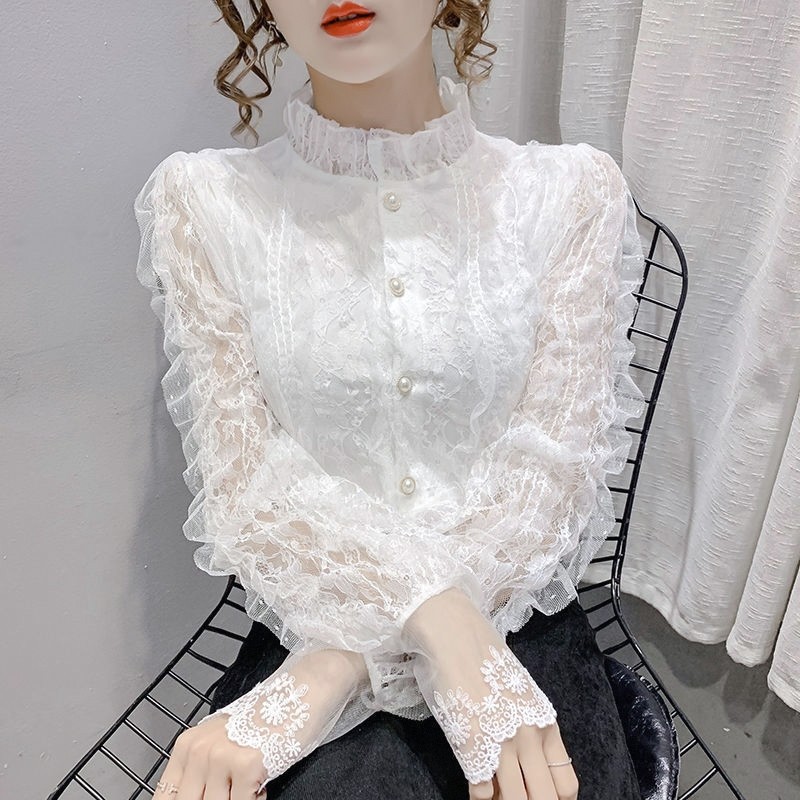蕾丝打底衫外穿女2025秋冬新款加绒洋气蕾丝开衫法式立领长袖上衣
