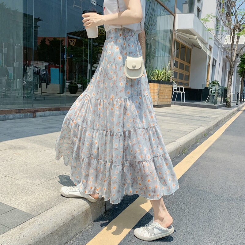 小雏菊雪纺碎花半身裙女2026春夏新款高腰a字蛋糕裙显瘦仙女长裙