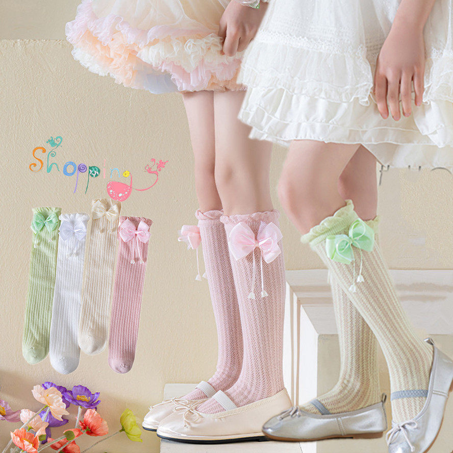 女童中筒袜春夏薄款儿童蝴蝶结公主长筒袜子宝宝洛丽塔网眼小腿袜