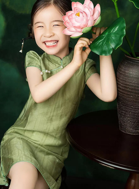 女童旗袍绿色夏季新款中国风连衣裙儿童超仙复古艺术写真日常可穿