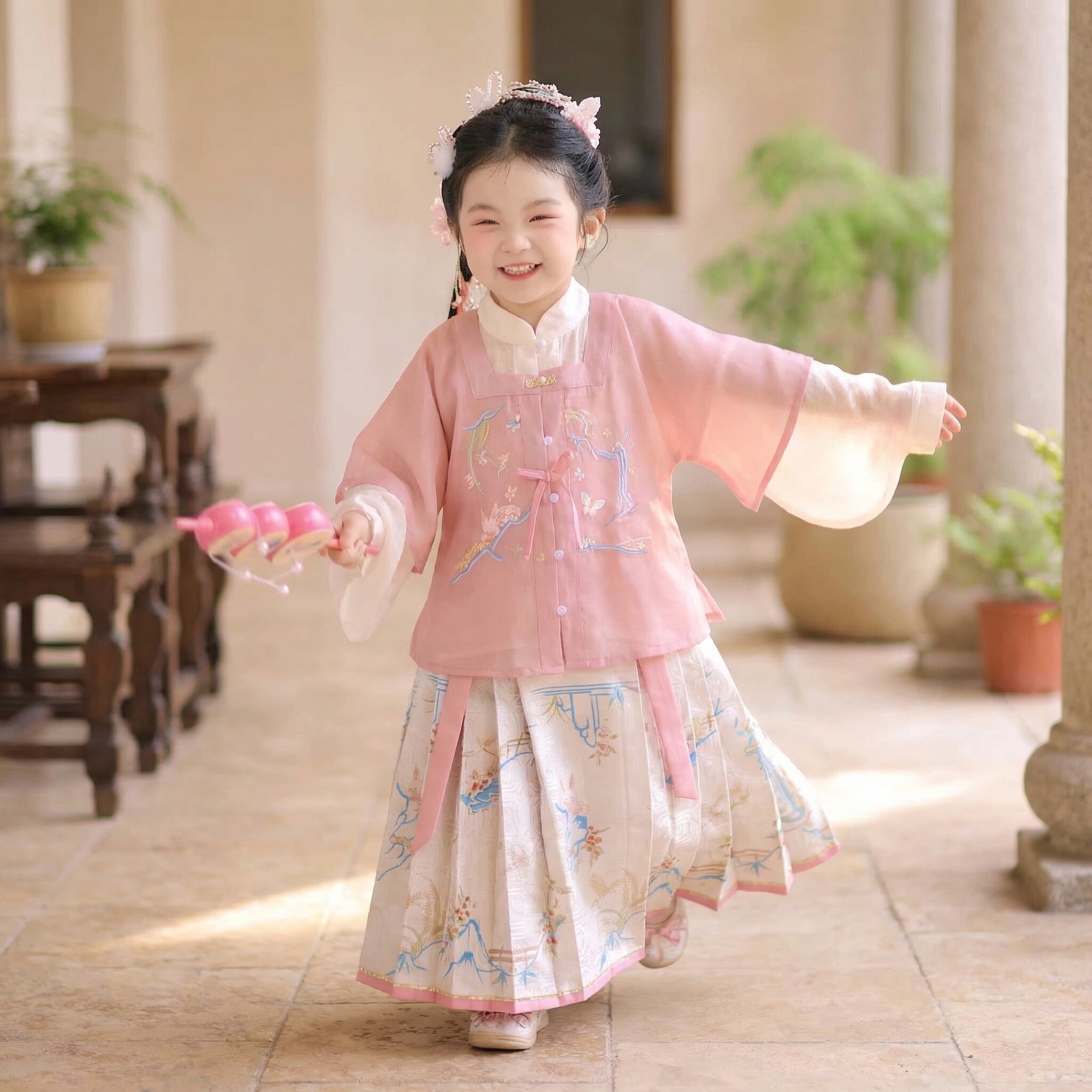 汉服女童26年春装宝宝中国风粉色明制三件套女孩古装儿童改良唐装 - 实物图