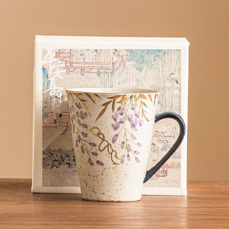 跨境青花火石马克杯陶瓷杯子手绘描金紫藤花茶杯大容量水杯带把手