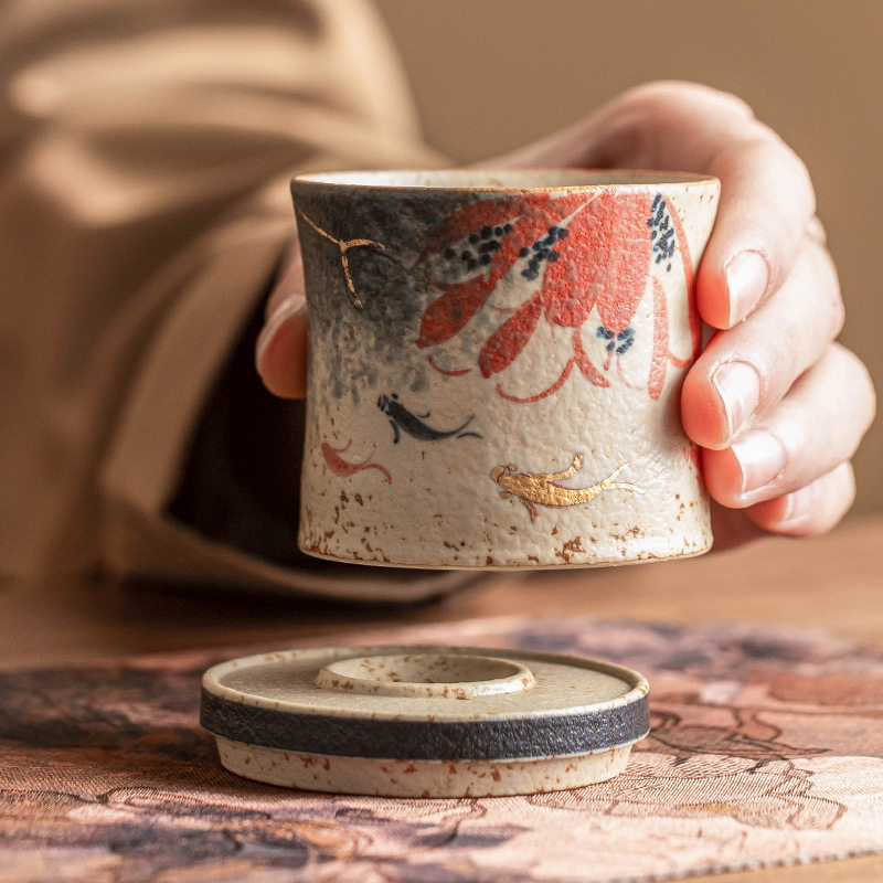 青花火石红茶杯主人杯手绘荷