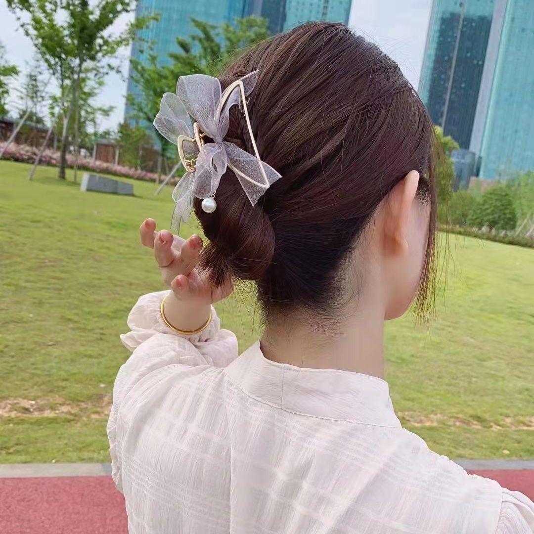 网纱金属发夹珍珠流苏合金抓夹女生鲨鱼抓发夹网红