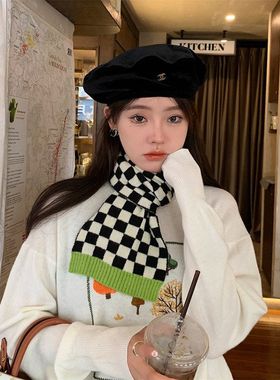 11084 秋冬棋盘格撞色软糯针织毛线围巾女韩系保暖百搭高级感围脖
