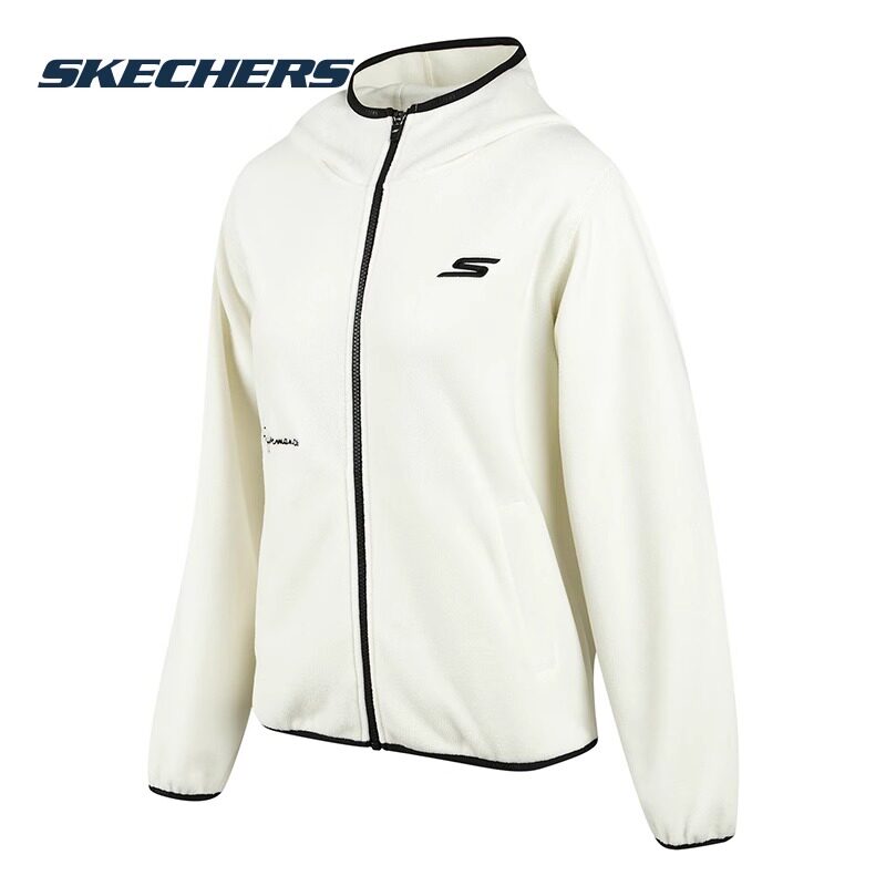 斯凯奇女子针织连帽外套白色摇粒绒保暖夹克官网正品休闲运动服女