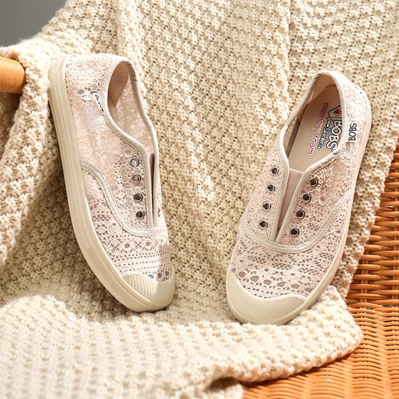 Skechers斯凯奇女鞋春夏平底休闲鞋子蕾丝透气一脚蹬帆布鞋113821