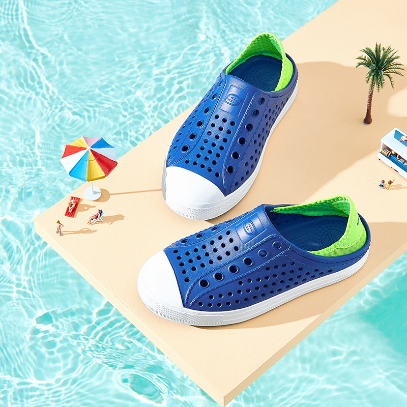 斯凯奇童鞋秋季女男童洞洞鞋儿童溯溪鞋沙滩鞋涉水外穿包头一脚蹬