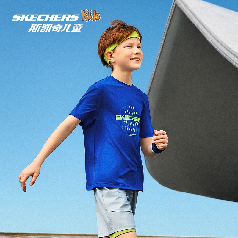 斯凯奇儿童针织短袖T恤中大童秋季舒适多色选择运动上装