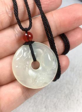 岫玉白冰平安扣吊坠鱼戏莲叶间毛衣链挂件一物一图天然保真包邮