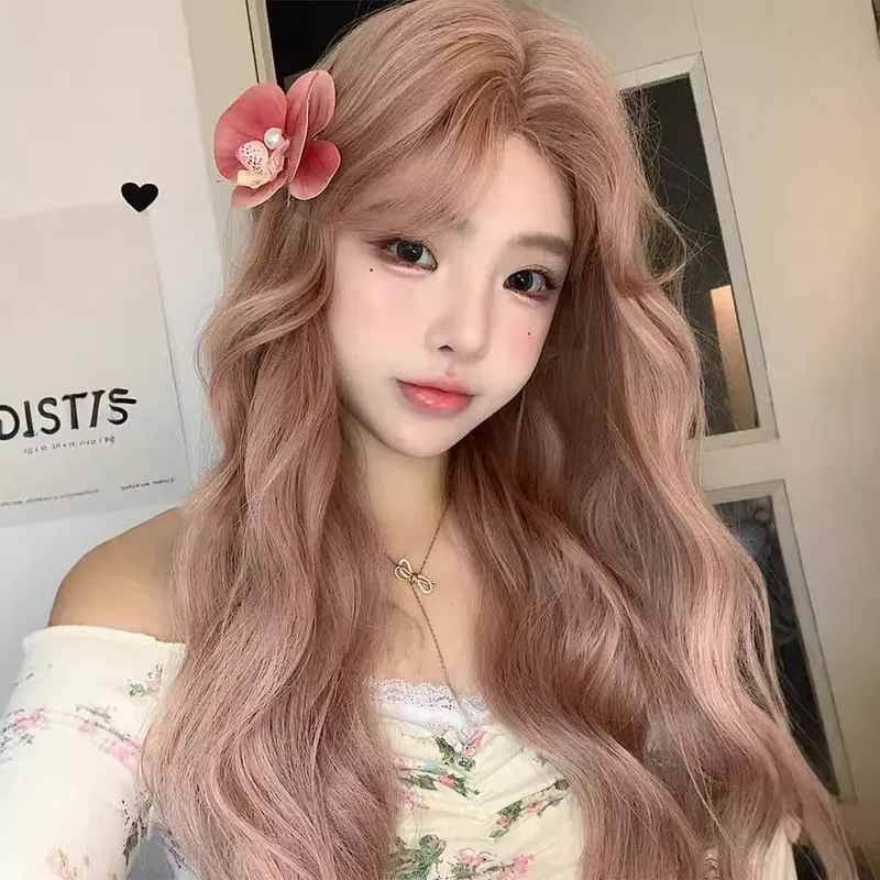 许昌假发女中分长卷发时尚修颜减龄蓬松粉色全头套式整顶假发发套