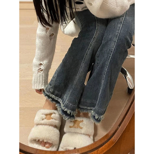 高腰显瘦阔腿裤 女胖mm梨形身材微喇叭长裤 子 毛边流苏牛仔裤 特大码