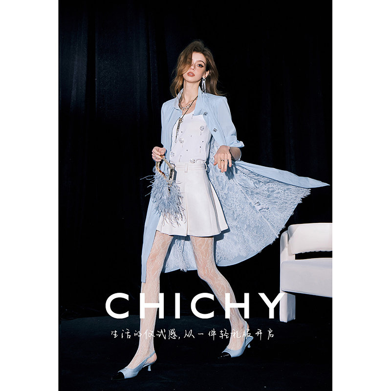 【陈紫函同款】CHICHY千金风蕾丝拼接风衣外套女26新款蓝色收腰