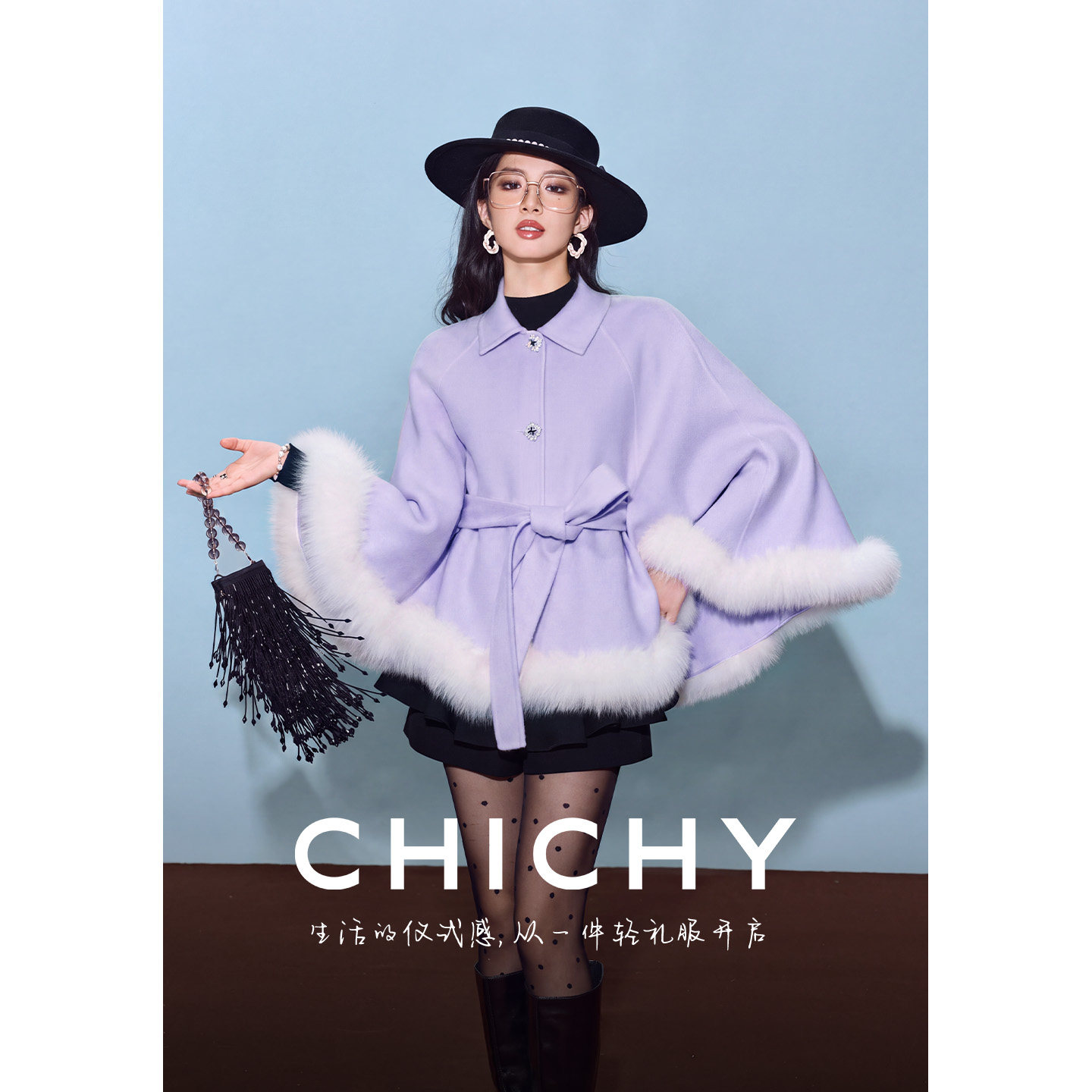 CHICHY名媛大小姐斗篷毛呢大衣