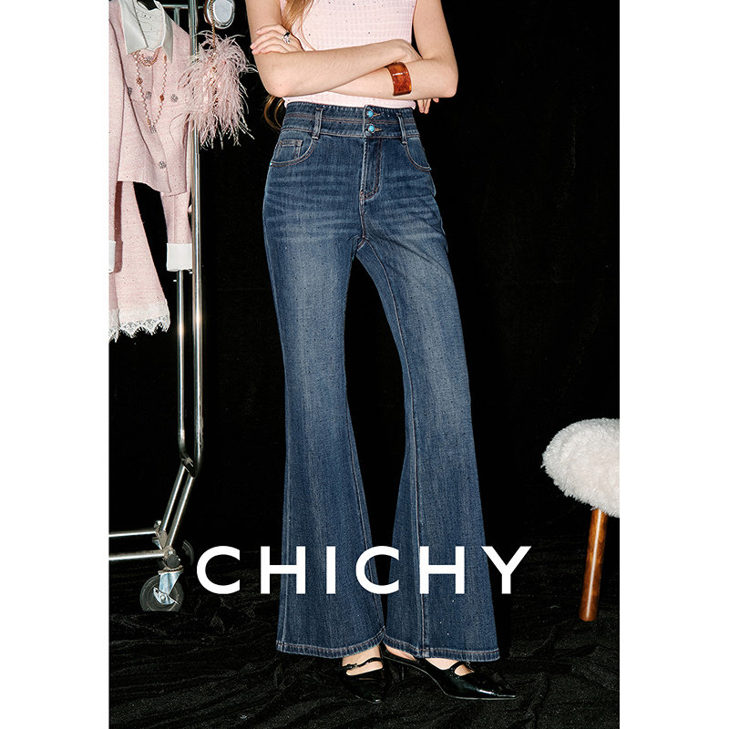 CHICHY满天星烫钻微喇牛仔裤图片
