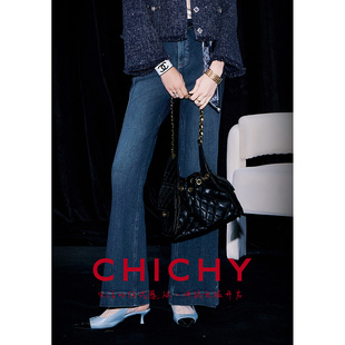 CHICHY美式复古深蓝色高腰微喇牛仔裤女26春季新款显瘦修身长裤子