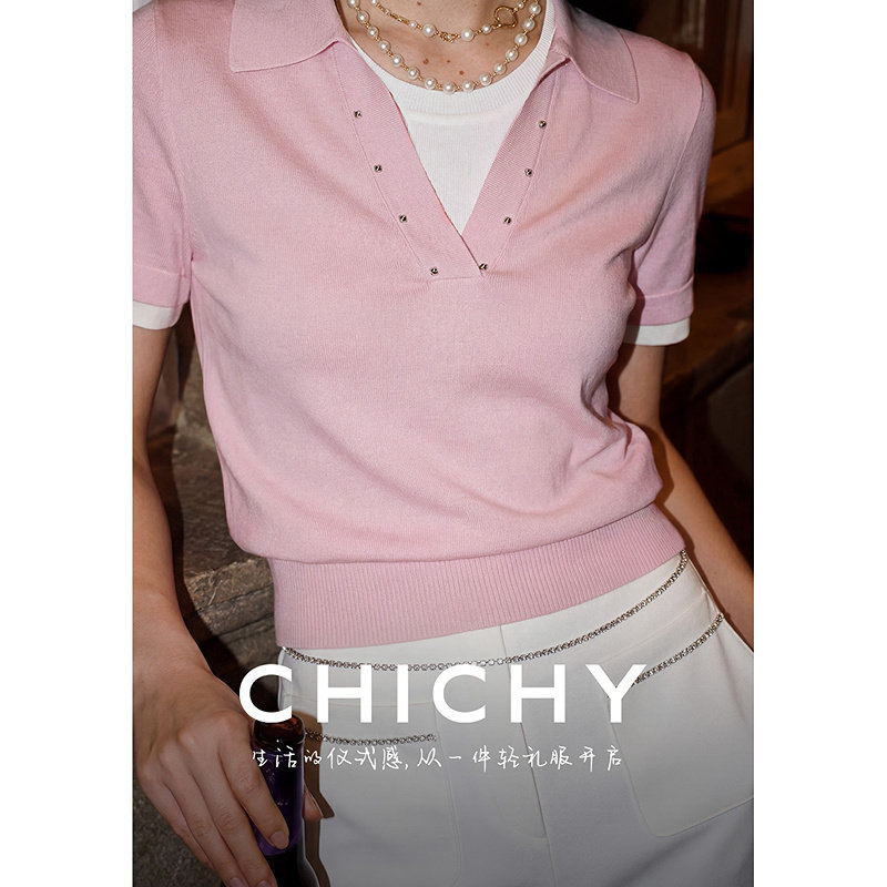 CHICHY法式洋气短袖毛针织衫长裤套装女26夏季新款粉色钉珠上衣