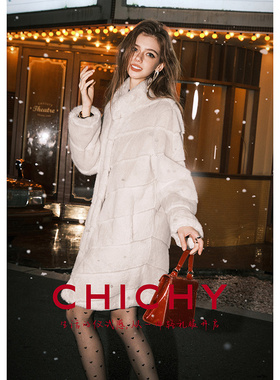 CHICHY白色高级中长款环保皮草大衣女25冬季新款宽松保暖毛毛外套