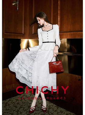 CHICHY法式千金假两件长袖连衣裙女26春季新款白色修身显瘦长裙子