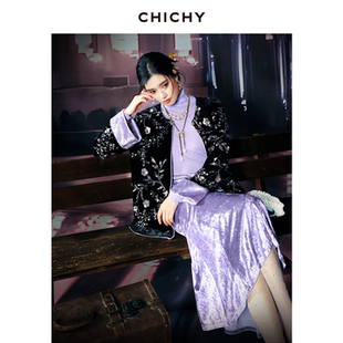 【新中式美学】CHICHY重工亮片丝绒外套女26春季新款黑色宽松上衣